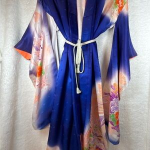 Blue Floral Silk Kimono Robe (A0109)